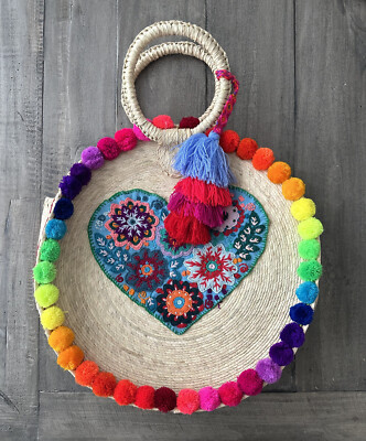 Artisan Handmade Crochet Straw Women s Clutch Bag w/Unique Heart Rainbow Pattern