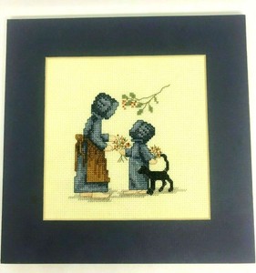 Cross-Stitch-Amish-Mom-Girl-Flowers-Black-Cat-Completed-Not-Framed-Blue-Mat