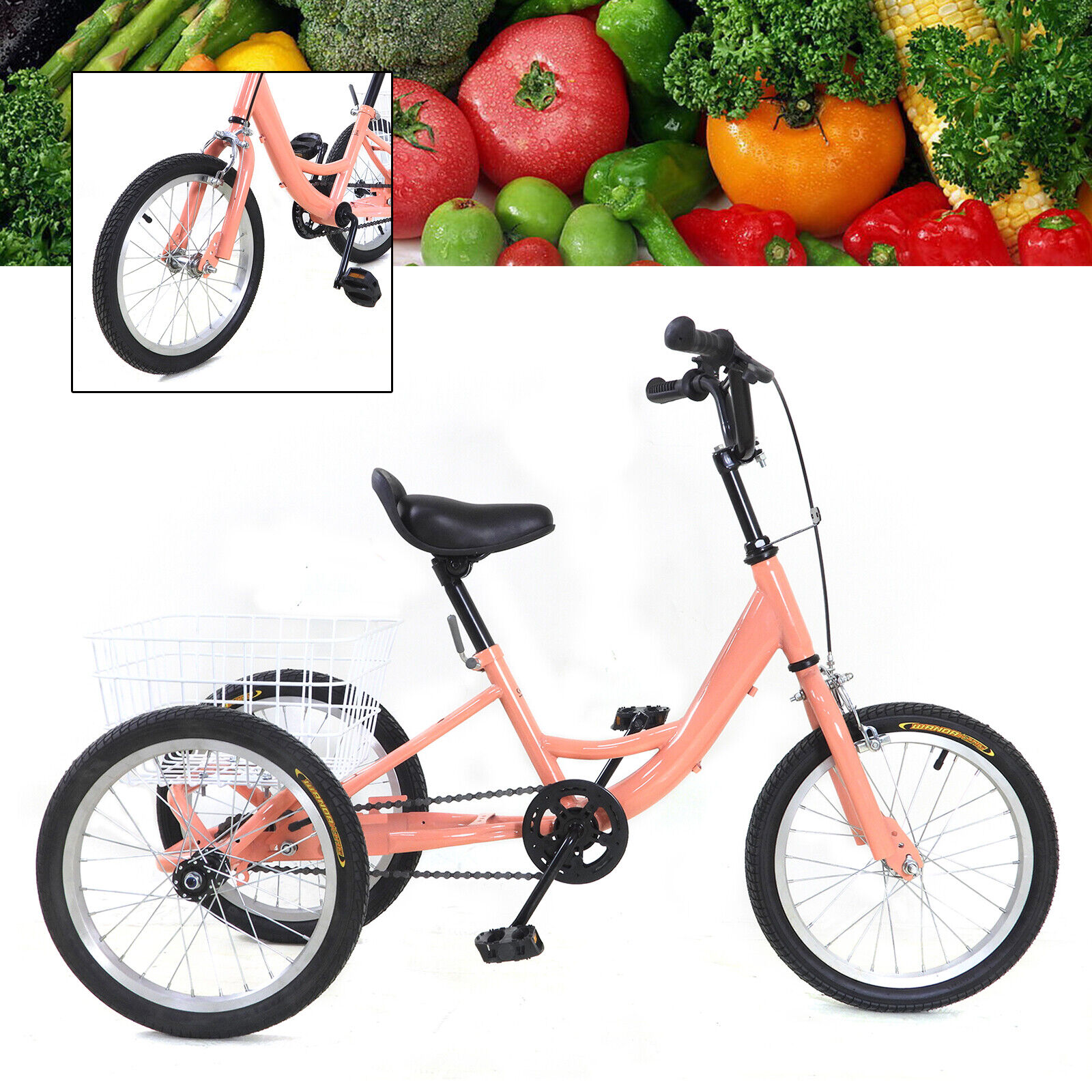 16 Zoll Kinder Dreirad 3-Rad Kinderdreirad mit Großem Korb Cruiser Bike Orange