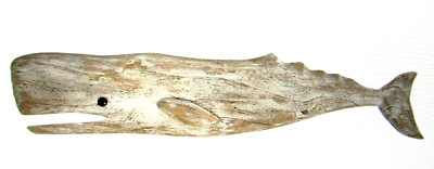 White Whale wall art hand carved wood distressed look 30''
