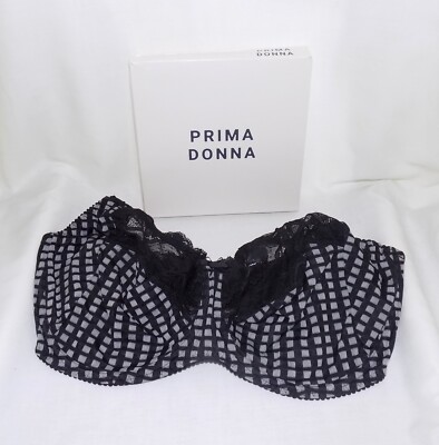 Prima Donna Madison Bra Full-Cup Underwire Crystal Black Gingham & Lace 44E NWT