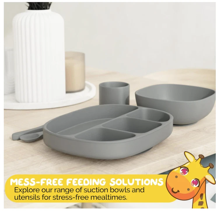 Juego de alimentación para bebé, 6 piezas - gris guijarro, ventosa, plato, babero, cuchara y tenedor Foto 4 de 4