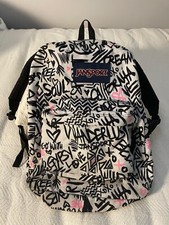 Jansport Superbreak Canvas Graffiti Print Backpack Rucksack. Blk White Pink. 16”
