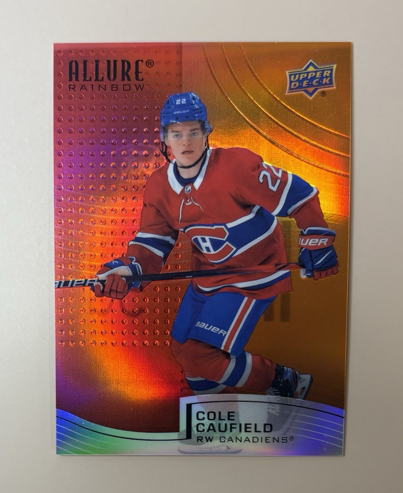 Cole Caufield #R-50 2021-22 Upper Deck Allure Hockey Rainbow Red-Orange