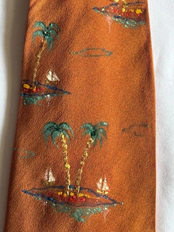 Corbata vintage pintada a mano palmeras, marrón isla, turquesa corbata para hombre 51x4” Foto 2 de 4