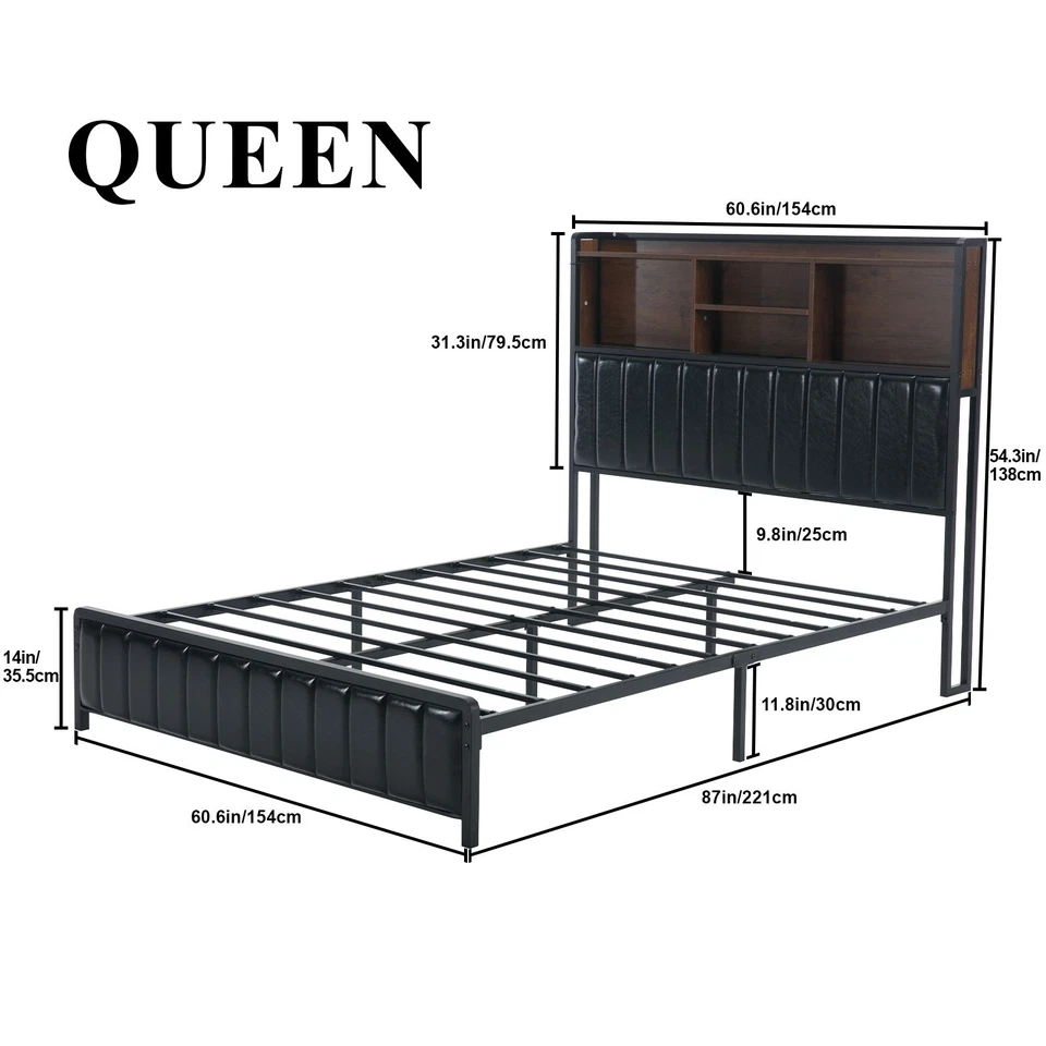 Full/Queen Size Bed Frame with Storage Headboard, LED Lights, Charging Station - Image 3 of 4