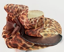 Vtg Derby Hat Mr Hi’s Classic Wide Brim Leopard W Bow & Rinestones Spec Occasion