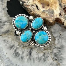 Sterling Southwestern Style Mohave Turquoise Cluster Ring Size 6.75 For Women