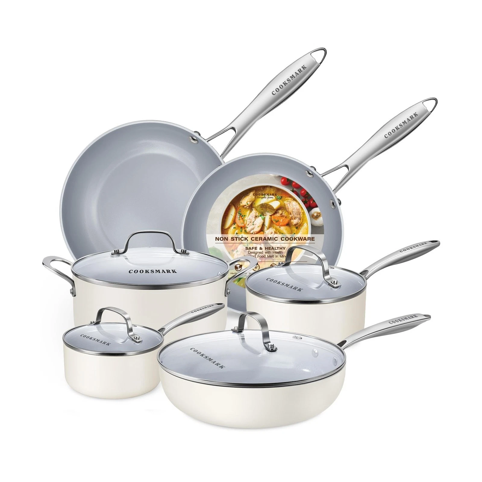 10-Piece Ceramic Nonstick Cookware Set - PFOA-Free Pots and Pans with Glass L...