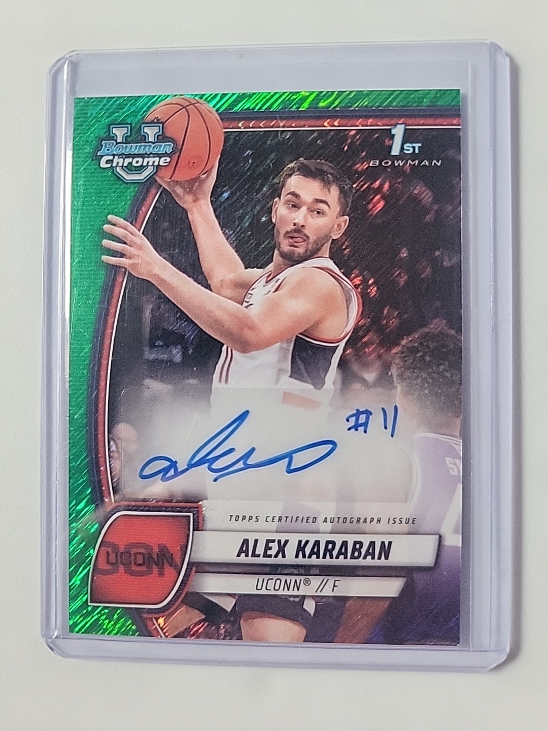Alex Karaban 2024-25 Bowman U Chrome 1st Bowman Green Wave Auto /85 #100 UConn