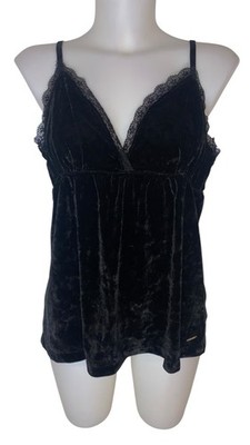 Y2K Womens Black Velvet Lace Trim Babydoll Stretchy Whimsigoth Tank Top Sz M