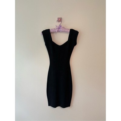 Vintage Hunza G Classic Black Cap-Sleeve Sweetheart Bodycon Dress ONE SIZE