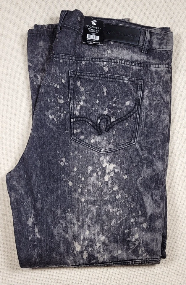Vtg Rocawear Jeans Mens 48x34 Black Acid Wash Y2K Moto Biker Denim Hip Hop NWT - Image 4 of 4