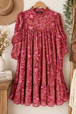 Boohoo Women’s Size 12 Floral Smock Dress Pink Brown Ruffle Puff Sleeve Boho