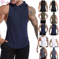 Men Hooded Tank Vest Fitness Running Gym Sport Sleeveless T Shirt Tops Hoodies