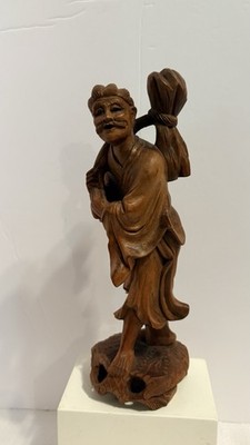 Vintage Hand Carved Wooden Statue Old Man Barefoot Traveler 16'' Sculpture
