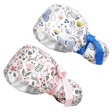 Scrub Caps Women Ponytail Holder Working Cap Buttons Ribbon Tie Long Hair