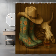 Rustic Cowboy Shower Curtain with Floral Design and Western Theme