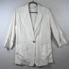 Halston Womens White Linen Blend 3/4 Sleeve Single Button Blazer Jacket Size S