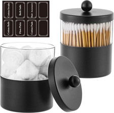 2 Pack Black Apothecary Jars Stainless Qtip Holder Bathroom Storage Set Labels 2
