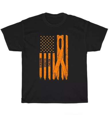 2025/American US Flag MS Multiple Sclerosis Awareness Orange Ribbon T-Shirt Unis