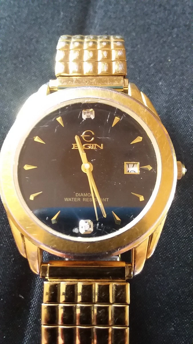 Men s Elgin gold toned watch FG053 diamond water resistant eBay