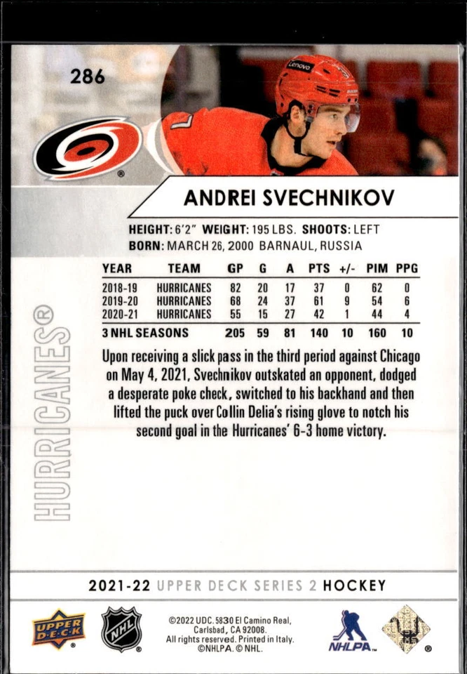 2021-22 Upper Deck #286 Andrei Svechnikov - Image 2 of 2