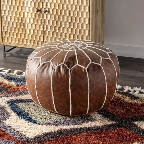 Handgefertigter marokkanischer 24" Leder Fußhocker Pouf braun Boho rund neu Ottomane - Bild 4 von 4
