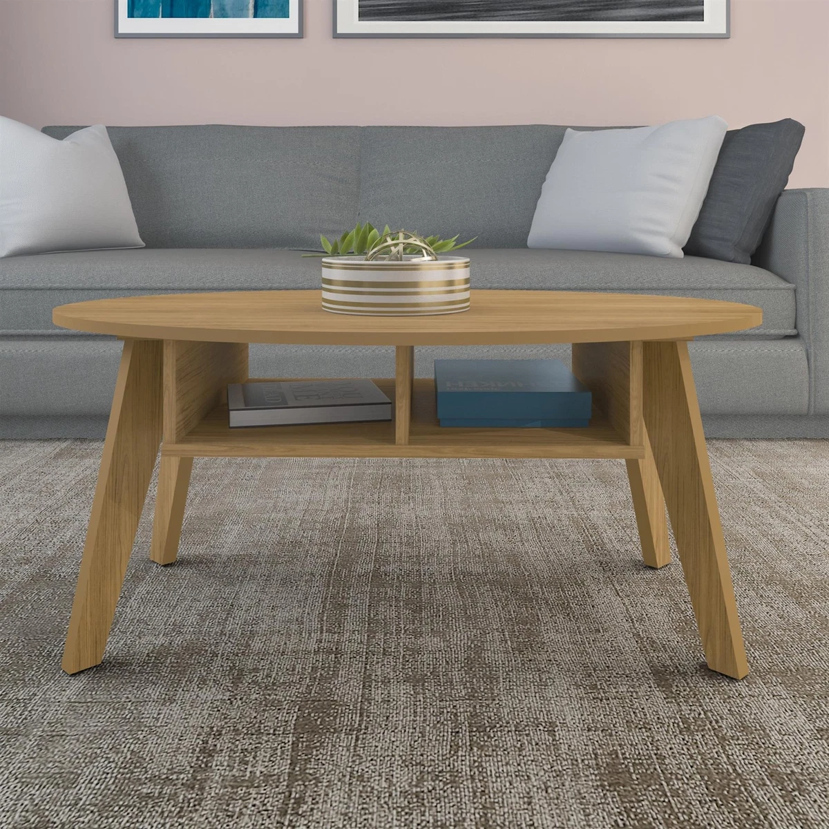 OVAL COFFEE TABLE OAK EFFECT TEA TABLE W SHELVES NAPLES LIVING ROOM FURNITURE