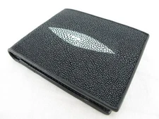 Genuine Stingray Shagreen Skin Leather Bifold Wallet (Black)