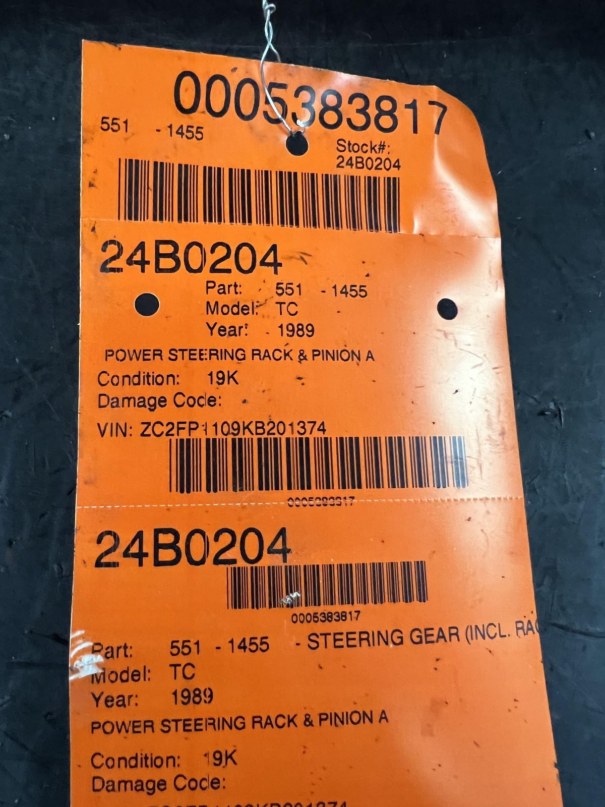 89-91 CHRYSLER TC MASERATI POWER STEERING RACK & PINION 19K MILES
