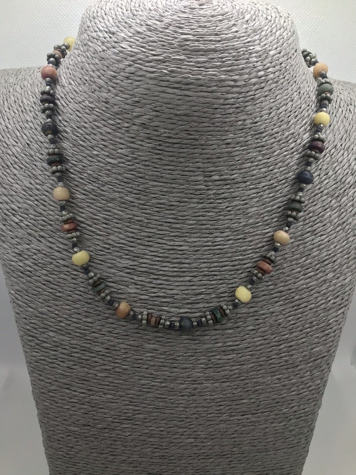 Fat Face Pewter Tone Muted Yellow Orange Beaded Mid Necklace Adjustable