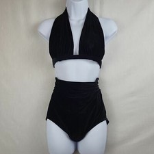 Vtg 80's Petticord Womens Black Resort High Waisted velour 2Pc Bikini Set Sz 10