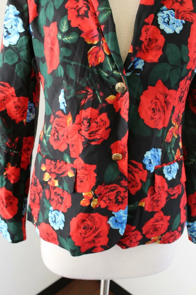 Jaqueta Blazer Vince Camuto Preta Vermelha Rosa Estampada Floral Tamanho 2 Carreira Noite - Imagem 2 de 4