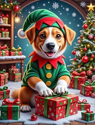 Weihnachtselfe Hund Diamond Art/Malerei 30x40 Rundbohrer