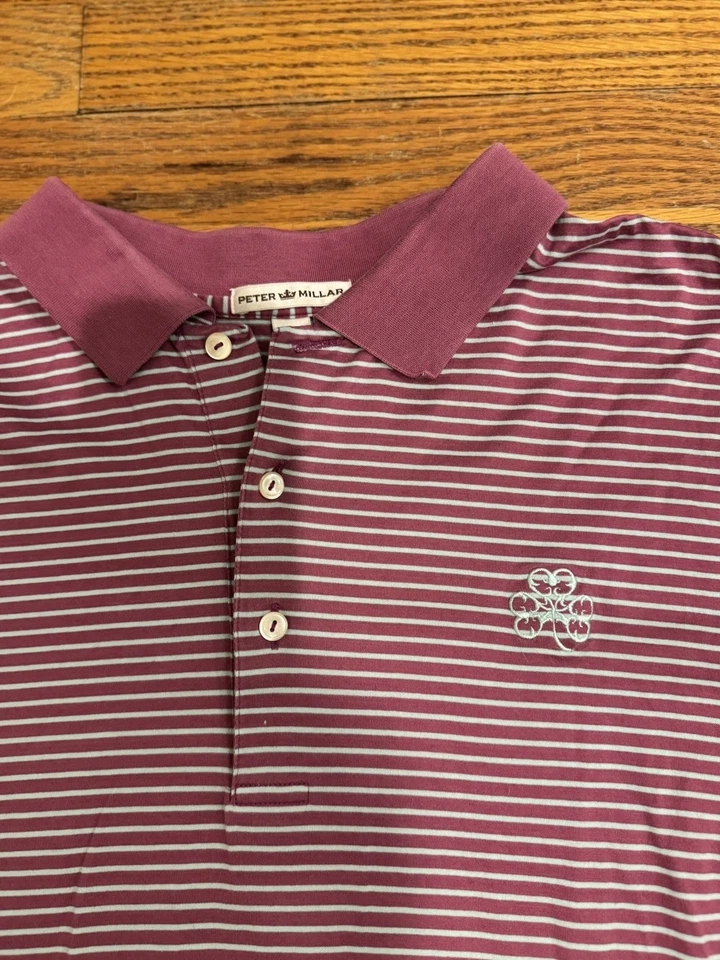Polo de golf Peter Millar para hombre talla L 100 % algodón Erin Hills logotipo púrpura y azul Foto 2 de 4