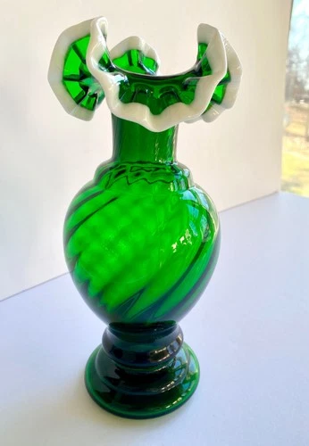 Vintage Fenton Vase Emerald Green Spiral Swirl Snow Crest White Ruffled Rim MCM