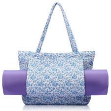 Blue Floral Quilted Yoga Bags with Mat Pocket for Women, Cute Cotton Floral Y...