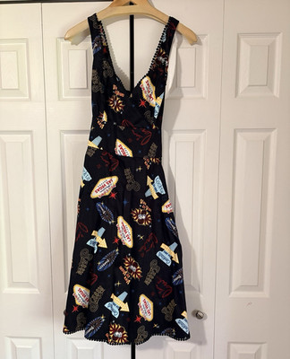 Voodoo Vixen Las Vegas Graphic Print V-Neck Fit & Flare Midi Dress Pockets L