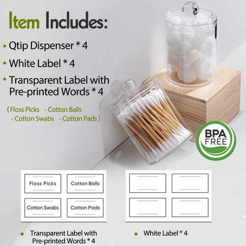 NEW 4 Pack Acrylic Qtip Holder Dispenser for Cotton Swabs Balls Pads Floss Picks - Picture 2 of 9