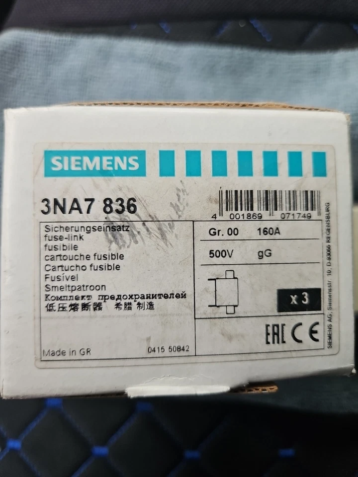 Siemens 3NA7836 FUSE LINK, LV HRC, GL/GG, GR00, 160A, 500VAC — Circuit Breakers & Fuses