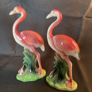 Pair Of Small Vintage Midcentury Pink Flamingo Ceramic Figurines 6 1/2” Tall