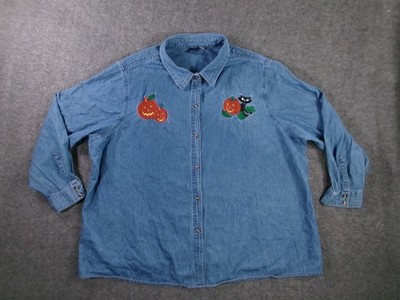 Basic Editions Top Women 3X Blue Chambray Casual  Button Up Shirt Halloween