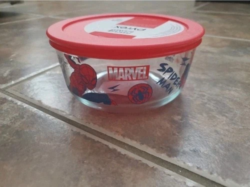 MARVEL SPIDER-MAN PYREX  4-CUP STORAGE GLASS BOWL WITH RED LID