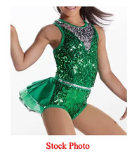 Weissman Dance Costume CHILD LARGE LC Green Sequins Leotard Silver Sparkle
