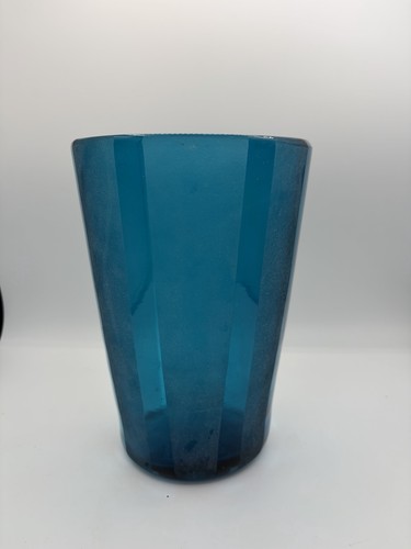 Turquoise Frosted Stripes Colorful Heavy Hand Blown Art Glass Bucket Vase 9.5"