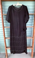 Antique 1920s Beaded Black Silk Flapper Dress Art Deco Original Size S/M