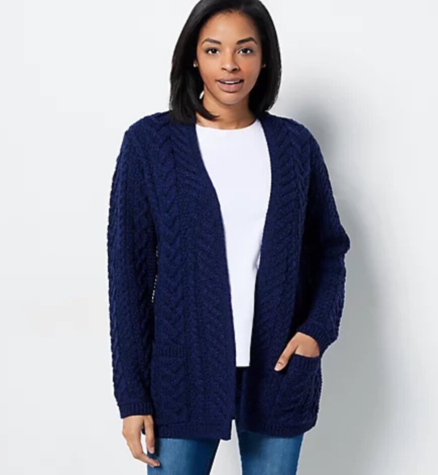 Aran Craft Petite Merino Wool Open Front Cardigan Sweater Midnight