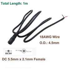 18AWG CCTV DC Power Connector 5.5mm x 2.1mm Female Socket Pigtail Cord Cable 1m
