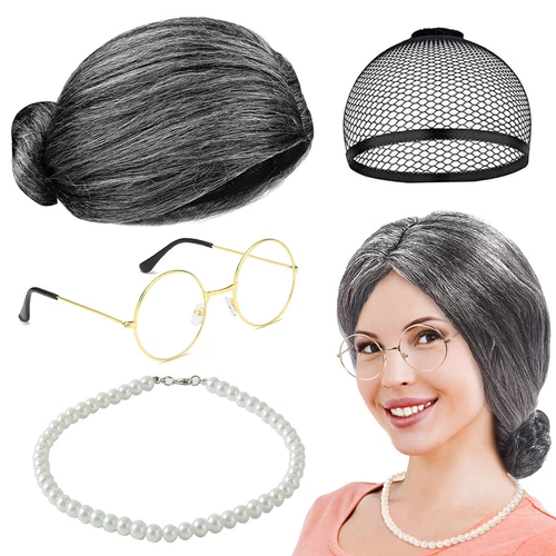 Grandma Wig Set Granny Old Lady Funny Party Halloween Christmas Santa Kids Teen - Picture 3 of 11